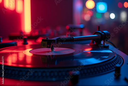 Captivating close-up of a turntable in action, illuminated by vibrant club lights, embodying the energetic ambiance of a lively nightclub setting, portraying musical artistry