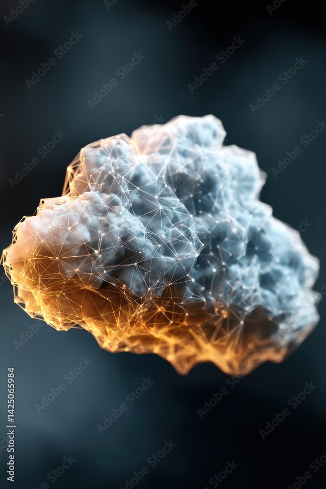 Obraz premium Digital Mesh Cloud Network Connecting Nodes with Golden Edges and Blue Core on Abstract Black Background