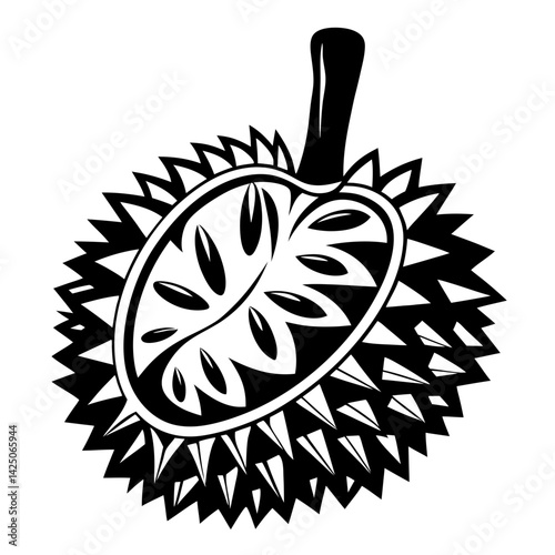 Abstract black and white durian fruit with sharp spines illustration graphic