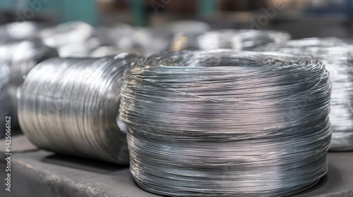 Silver Steel Metal Wire Coils Stacks in Warehouse Industrial Production Factory Material Closeup