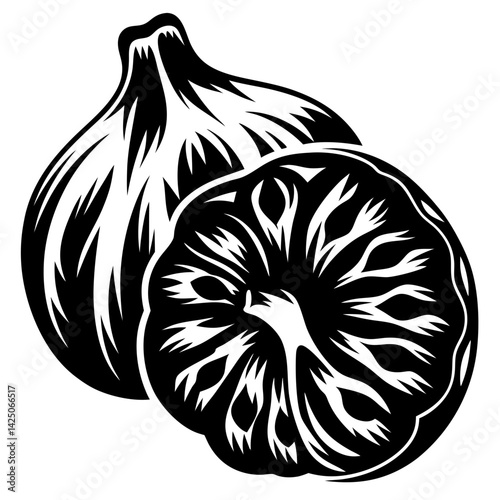 Graphic black and white image of a fig and cross section of a fig