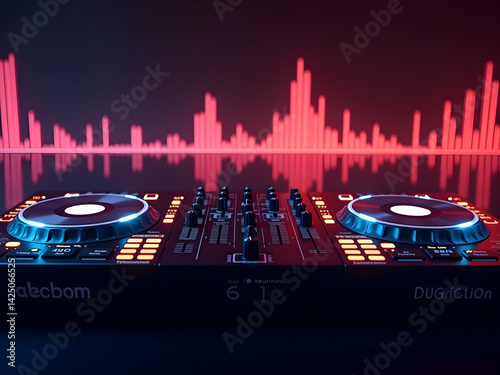 Captivating DJ Controller Displaying Spectrum Waveform Overlay with Dynamic Lighting and Reflection Creating an Immersive Audio Visual Experience