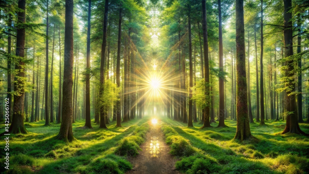 Fototapeta premium Sunlit Path Through a Tranquil Forest