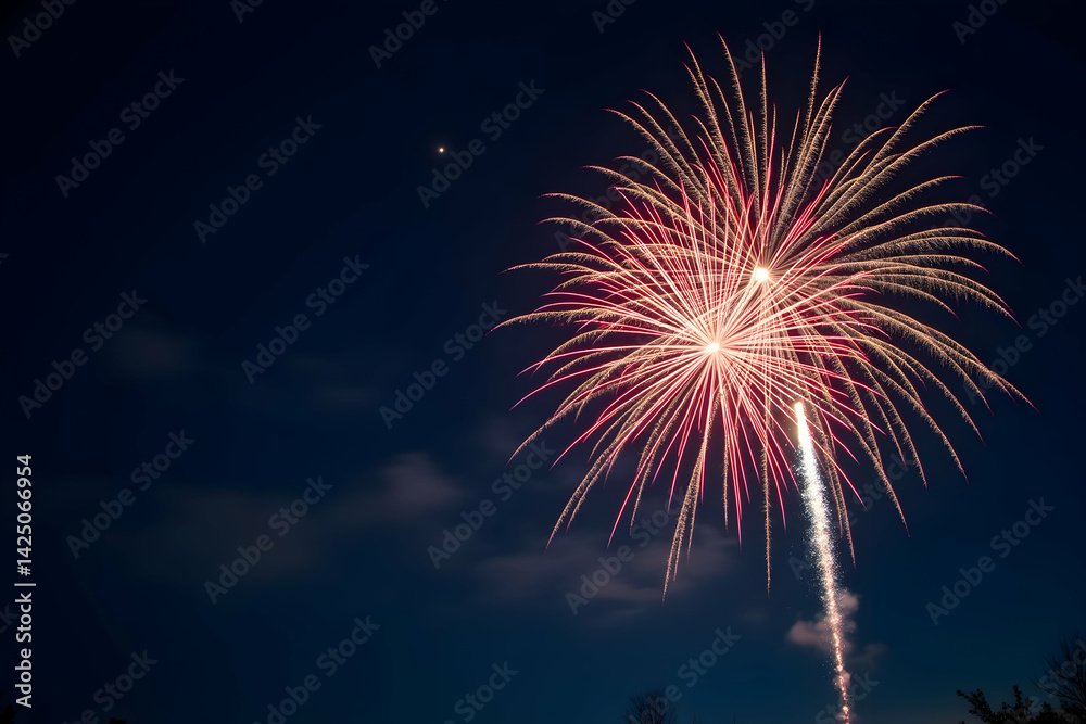 Captivating fireworks illuminate the tranquil night sky, offering a breathtaking spectacle with ample copy space for text and design integration, radiant bursts Captivating fireworks illuminate the tranquil night sky, offering a breathtaking spectacle with ample copy space for text and design integration, radiant bursts