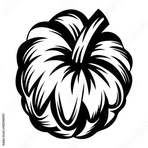 Stylized monochrome drawing of a pumpkin illustration with detailed linework