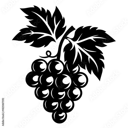 Elegant black and white illustration of grape cluster with stylized leaves