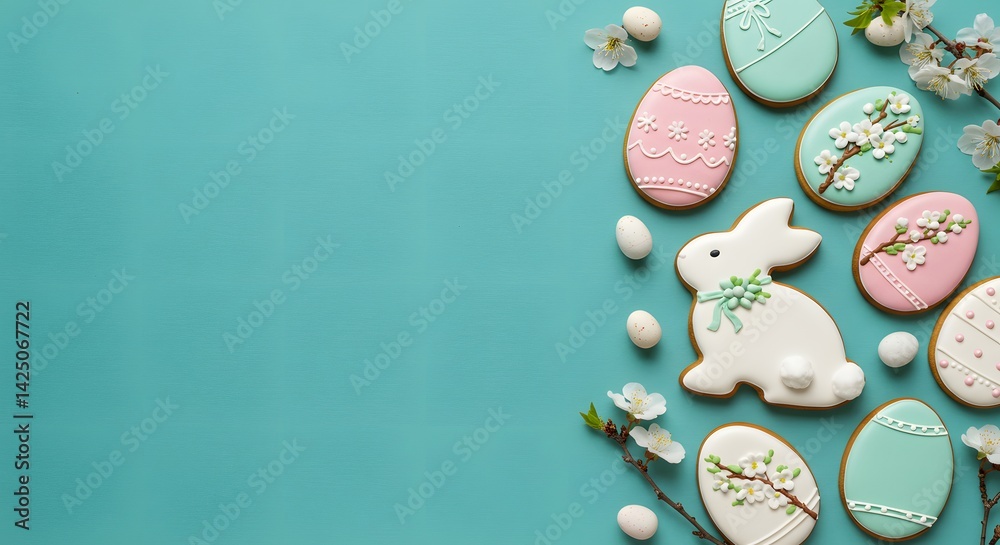 Festive easter cookies with a bunny and pastel eggs on a light blue surface, decorated sugar cookies, Easter cookies, pastel colors, Easter eggs