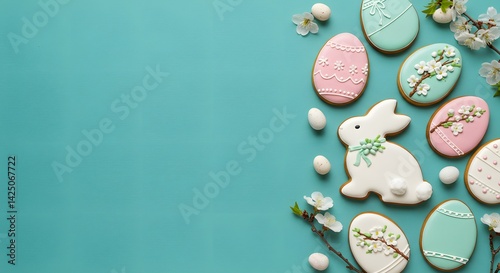 Obraz na płótnie Festive easter cookies with a bunny and pastel eggs on a light blue surface, decorated sugar cookies, Easter cookies, pastel colors, Easter eggs w salonie