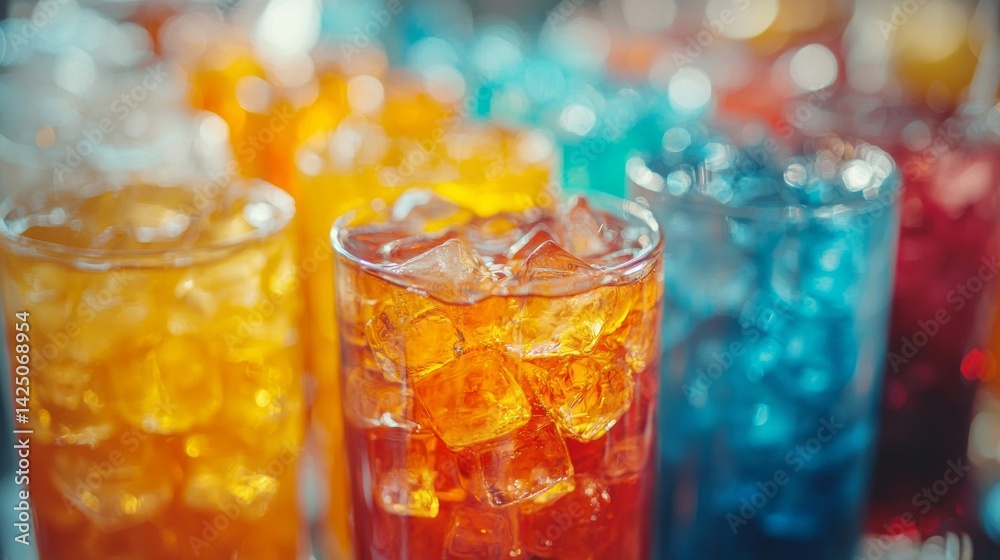 A row of colorful drinks with ice cubes in them A row of colorful drinks with ice cubes in them