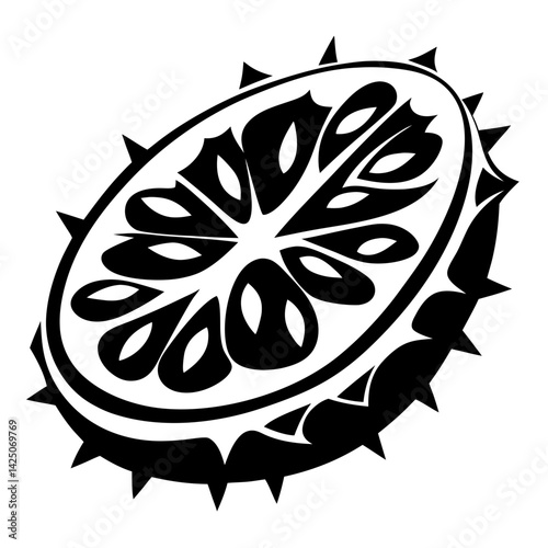 Abstract tribal illustration of Kiwano horned melon slice with spiky outer rind
