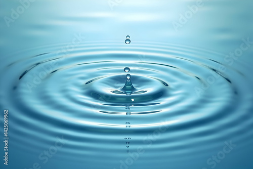 Captivating water drop impact generating ripples, creating an abstract and serene blue aquatic close up, ideal for backgrounds and conceptual visuals