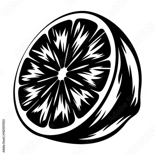 Black and white minimalist graphic of a lemon slice for food designs