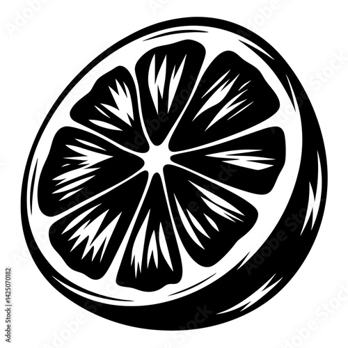 Black and white artistic representation of a citrus fruit slice drawing