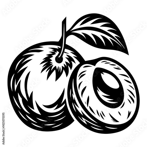 Black and white artistic representation of plums with a leaf detail