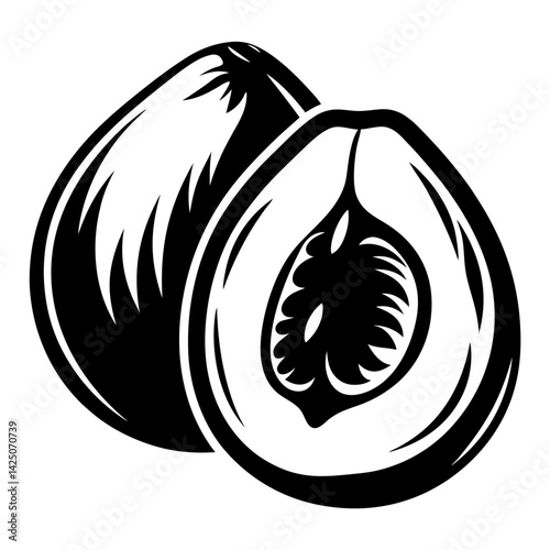 Graphic depiction of two peaches, one whole and one halved, simple design