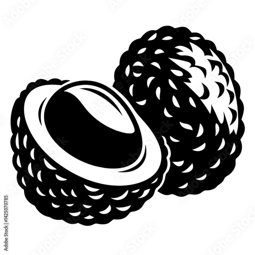 Vector drawing of two lychee fruits one whole and one half showing pulp