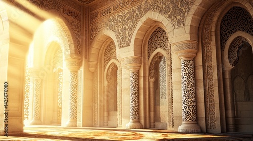 Sunlight streams into an ornate, Islamic-style courtyard.  Archways, pillars, and intricate carvings fill the space.