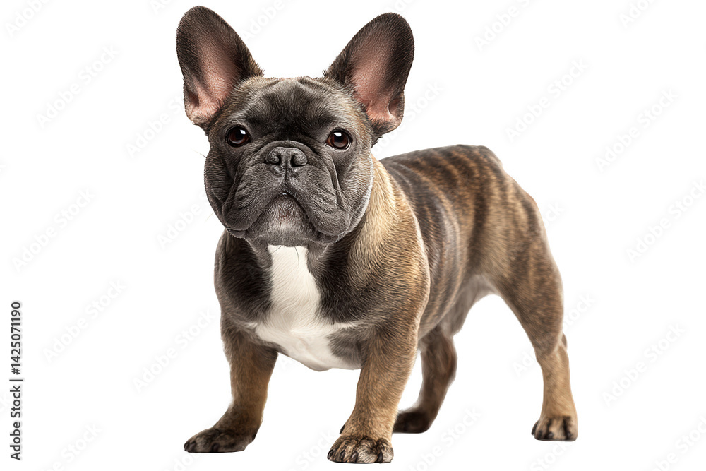 A small brown and white French Bulldog dog with a black nose A small brown and white French Bulldog dog with a black nose