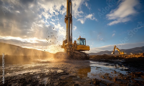 Heavy machinery drilling artesian well for groundwater extraction and soil displacement
