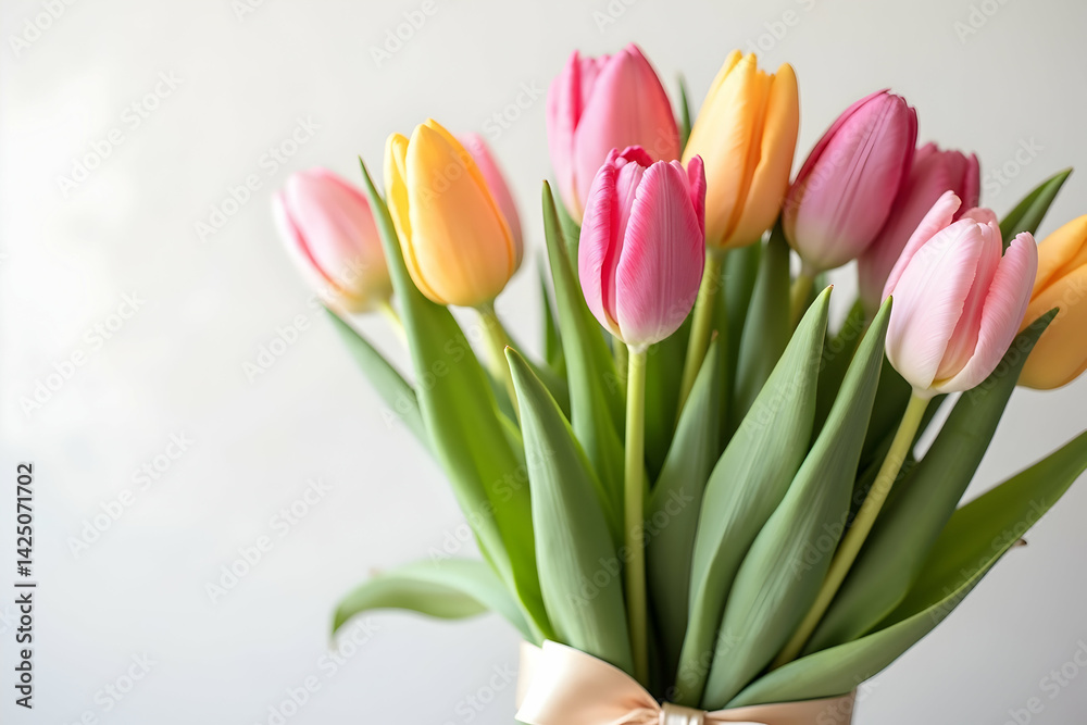 Charming Pastel Tulips, A Modern Bouquet of Springtime Elegance, Captured with Delicate Ribbon and Soft Colors for a Fresh and Vibrant Feel Charming Pastel Tulips, A Modern Bouquet of Springtime Elegance, Captured with Delicate Ribbon and Soft Colors for a Fresh and Vibrant Feel