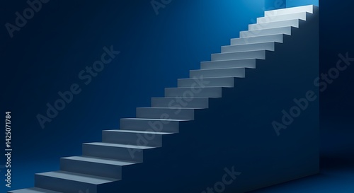 The stairs at the end are the doors to success. Isolated on blue background colors. 3d rendering.