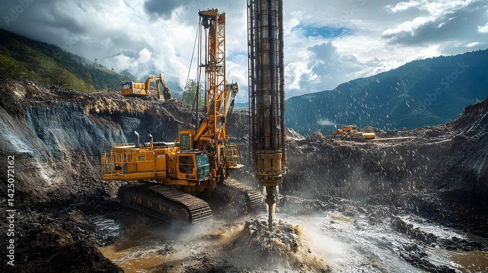 Heavy machinery drilling for artesian well water supply, showcasing water and soil displacement,
Heavy machinery drilling for artesian well water supply, showcasing water and soil displacement,