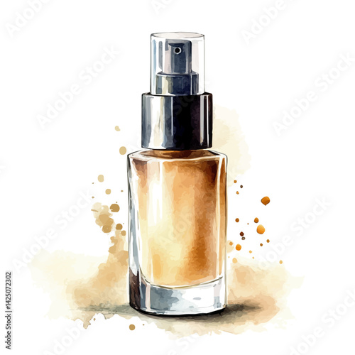 Foundation bottle with a pump, watercolor illustration, isolated on a white background.

