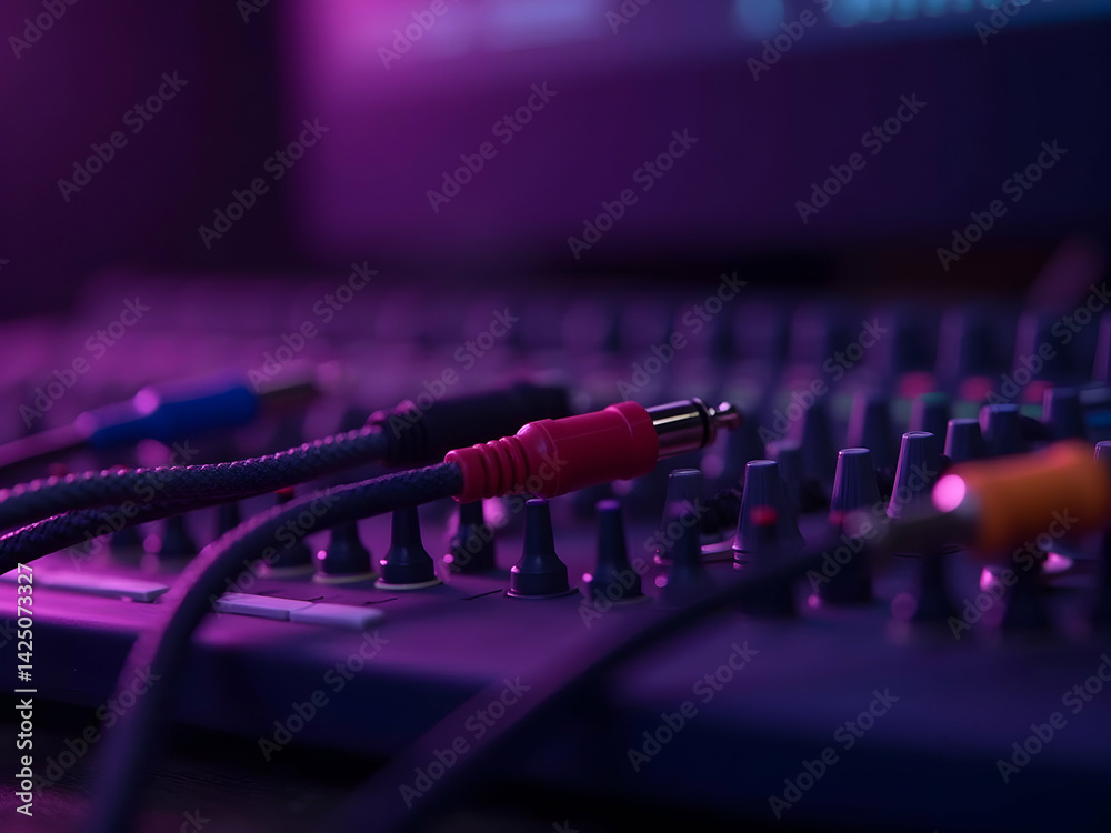 Close-up of Audio Cables Connected to a Soundboard with a Purple Tint, highlighting the integration of technology and artistic expression in music production