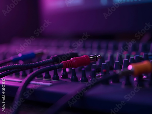 Obraz na płótnie Close-up of Audio Cables Connected to a Soundboard with a Purple Tint, highlighting the integration of technology and artistic expression in music production w salonie