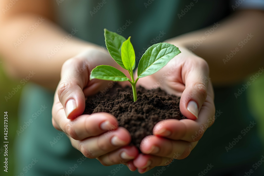 Close-up of Gentle Hands Nurturing a Budding Plant, Symbolizing New Beginnings and Growth, with Ample Space Above for Text Overlay Ideal for Environmental Themes Close-up of Gentle Hands Nurturing a Budding Plant, Symbolizing New Beginnings and Growth, with Ample Space Above for Text Overlay Ideal for Environmental Themes