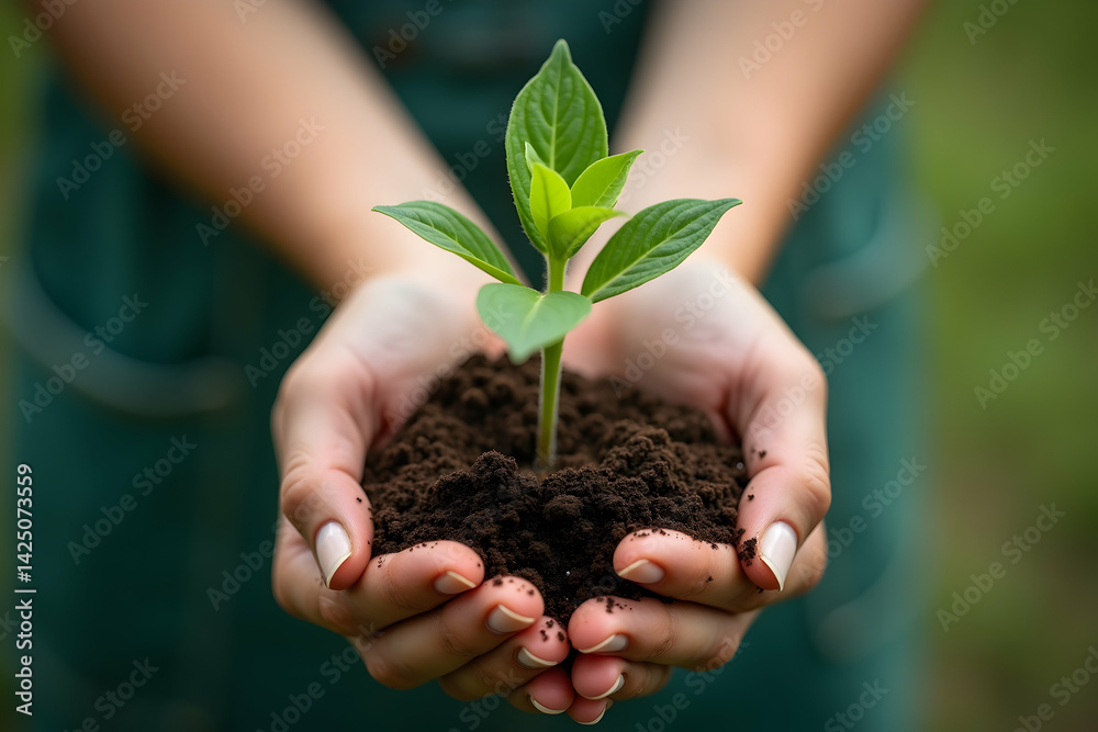 Close-up of hands gently holding a young plant sapling with soil, conveying growth, care, and environmental stewardship with space for text above