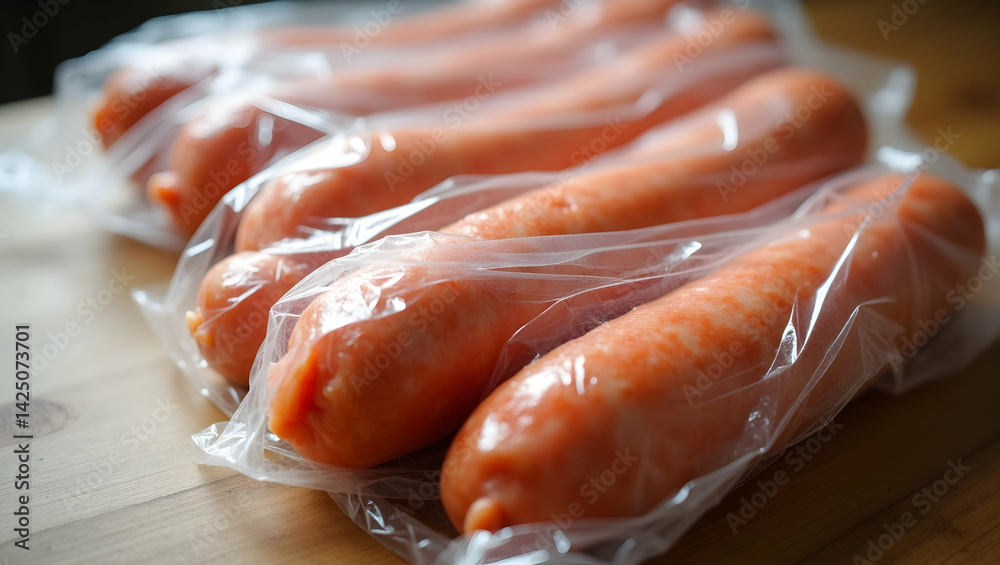 Close-Up of Pale Boiled Sausages in Plastic Wrap, Styled for Commercial Use, Showcasing Ready-to-Eat Convenience and Appetizing Appearance for Culinary Projects Close-Up of Pale Boiled Sausages in Plastic Wrap, Styled for Commercial Use, Showcasing Ready-to-Eat Convenience and Appetizing Appearance for Culinary Projects