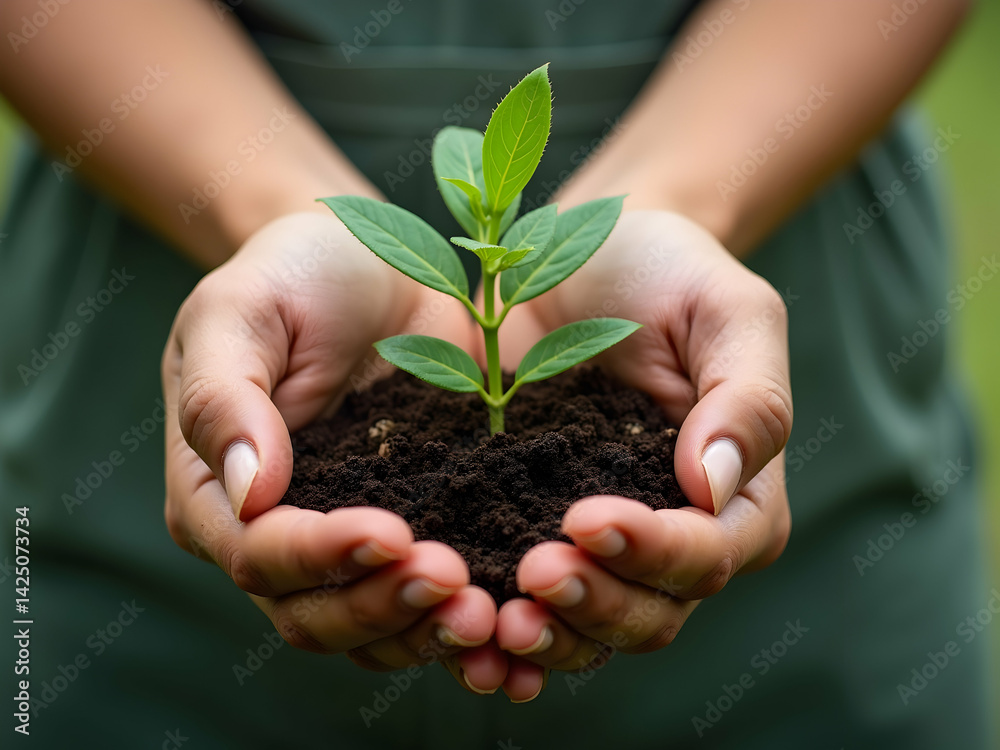 Close-up of nurturing hands gently holding a young plant seedling, symbolizing growth, sustainability, and the beauty of nature, inviting hope and care
