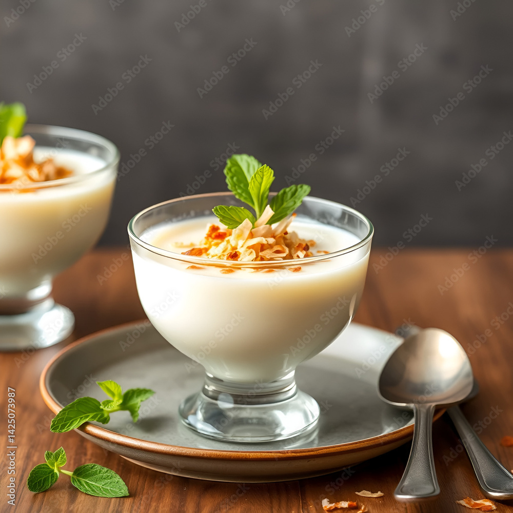 Indue in the creamy richness of authentic Thai steamed coconut custard San layered in elegant glass cups garnished with caramelized coconut flakes and fresh mint leaves a Indue in the creamy richness of authentic Thai steamed coconut custard San layered in elegant glass cups garnished with caramelized coconut flakes and fresh mint leaves a