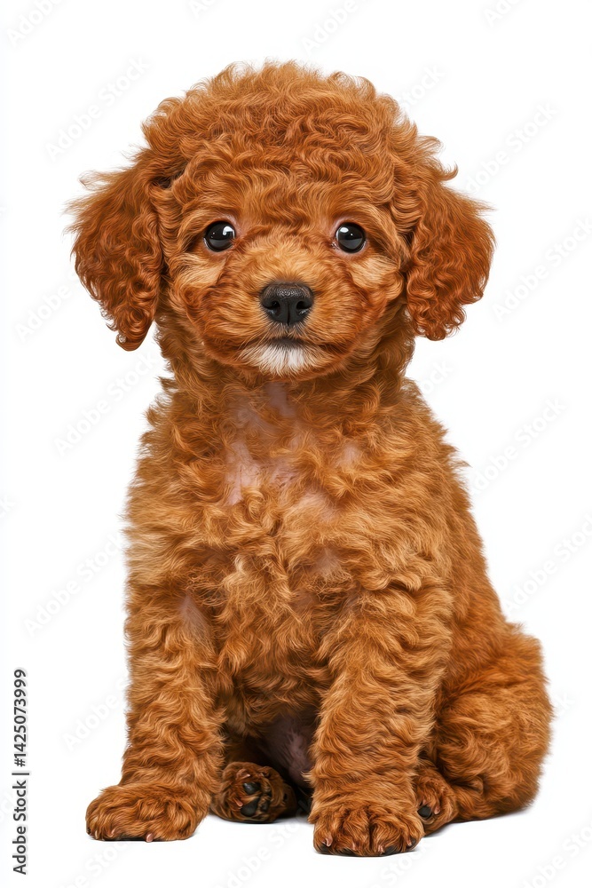 Adorable reddish-brown poodle puppy with curly fur, sitting and looking directly at the viewer. A sweet and fluffy companion Adorable reddish-brown poodle puppy with curly fur, sitting and looking directly at the viewer. A sweet and fluffy companion