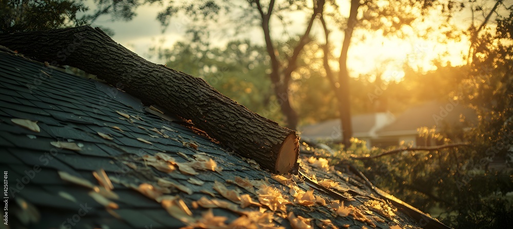Obraz premium A fallen tree on a house roof symbolizes the aftermath of a natural disaster, highlighting the need for disaster recovery and emergency response,