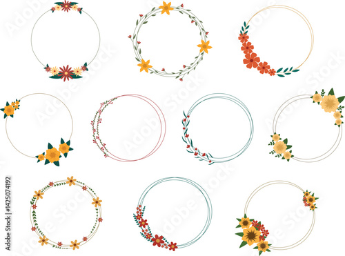 A beautiful collection of simple floral circle frame illustrations, for invitations, branding, decorative designs, and seasonal themes.