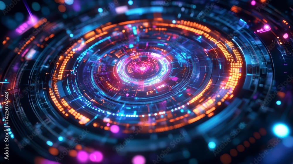 Abstract circular technological interface with glowing neon lights and digital elements. Abstract circular technological interface with glowing neon lights and digital elements.