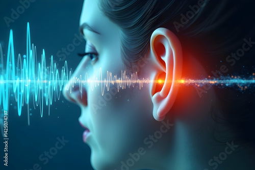 Conceptual Visualization of Sound Wave Perception Entering the Human Ear, Representing Hearing Technology, Auditory Sensation, or Audio Processing in a Futuristic Design