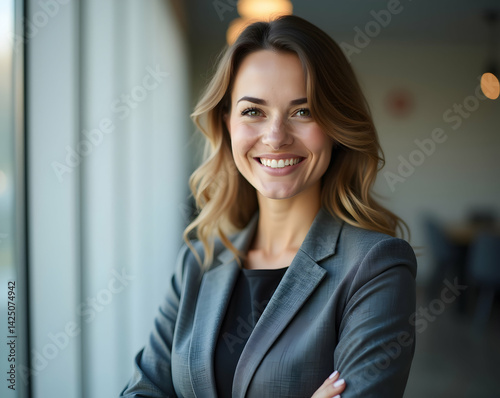 Free Download Confident professional, A smiling businesswoman in a corporate office setting, radiating success and approachability with copy space, perfect for business and career development themes - GFXLoad
