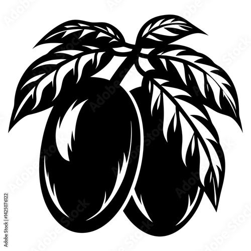 Stylized black and white illustration of two plums with leaves on the stem