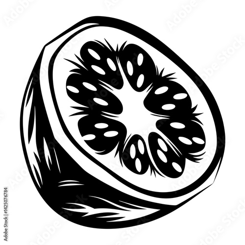 Stylized Black and White Cross Section of Citrus Fruit With Pulp