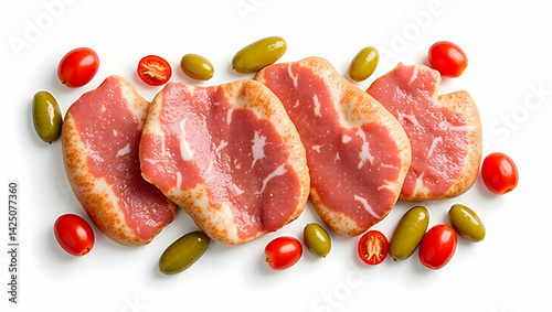 Delicious arrangement of deli meats accompanied by vibrant tomatoes and crisp pickles displayed on a clean white surface creating an appetizing visual feast