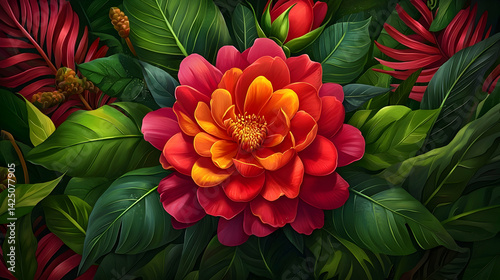 Vibrant red and orange flower blooms amidst lush tropical foliage, ideal for nature-themed projects