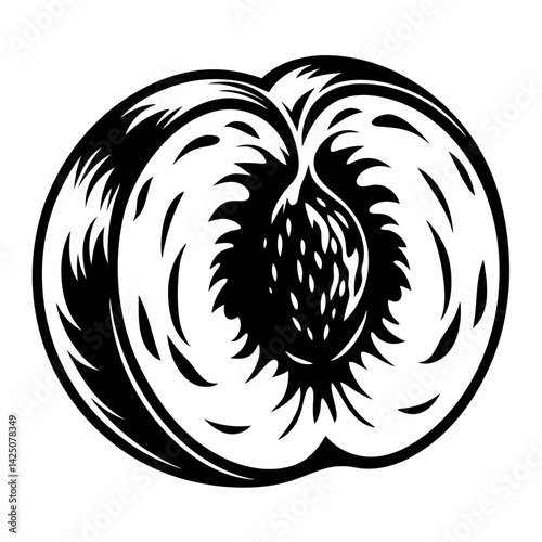 Monochromatic graphic rendering of a sliced stone fruit, likely a peach