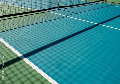 Pickleball Court: Teal Surface, Net Shadows, Green Accent