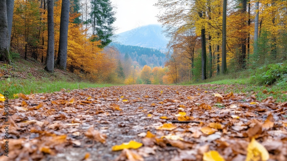 Autumnal forest path covered in fallen leaves. A scenic trail winds through a colorful autumn forest, the path is carpeted with a thick layer of fallen leaves in various shades of brown and gold. Autumnal forest path covered in fallen leaves. A scenic trail winds through a colorful autumn forest, the path is carpeted with a thick layer of fallen leaves in various shades of brown and gold.