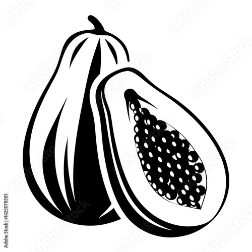Black and White Illustration of a Whole and Sliced Papaya Fruit