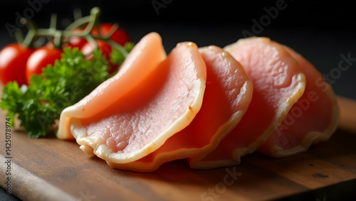 Delicious ham slices served with fresh parsley and vibrant cherry tomatoes displayed on a wooden board, capturing a tasty culinary still life