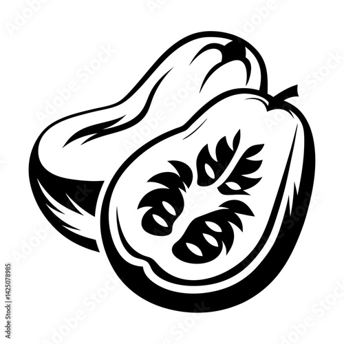 Monochrome illustration of two squash one sliced open to show seeds